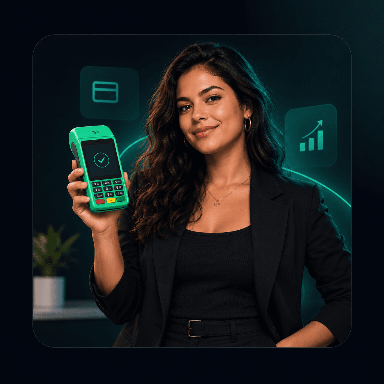 Empreendedora segurando uma maquininha de cartão